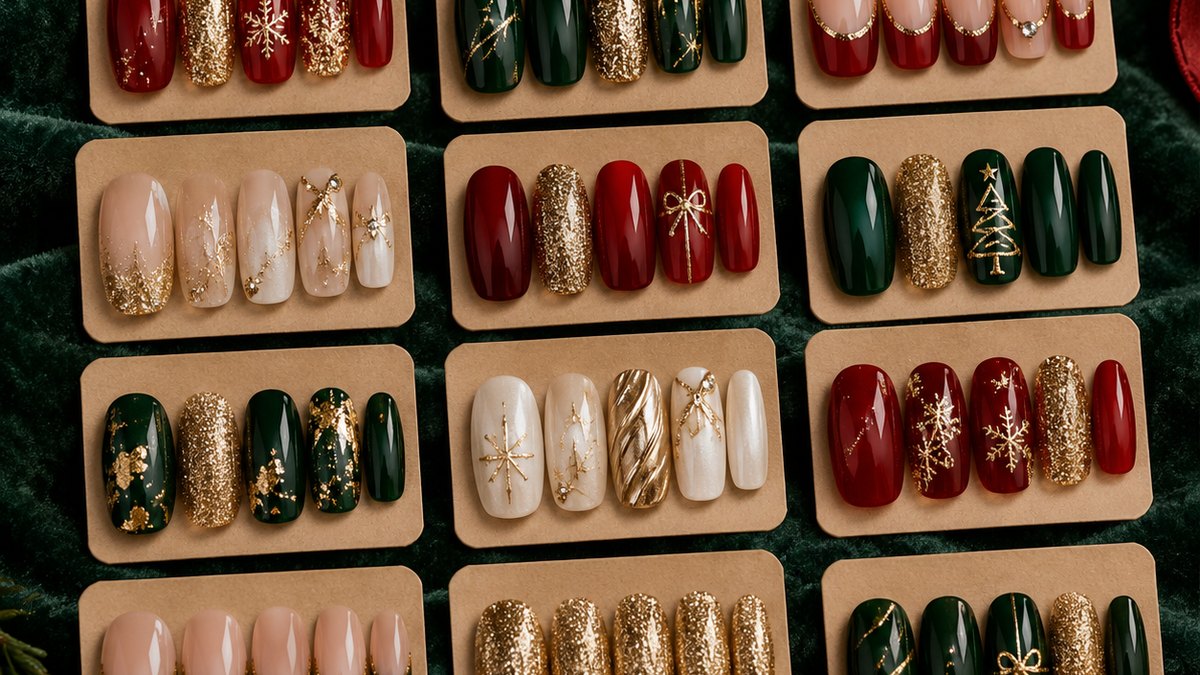 A planning sheet with Christmas press-on nail designs grouped into hero, supporter and tail columns