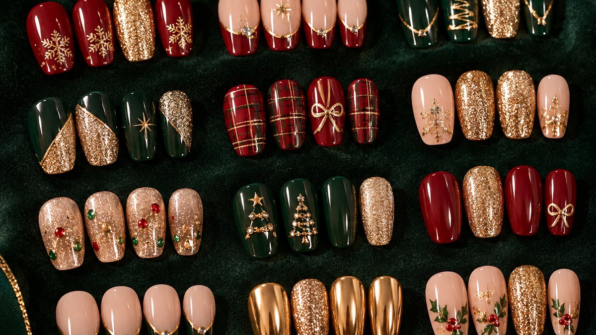 Close-up of dense and fine glitter press-on nail finishes side by side to compare particle size