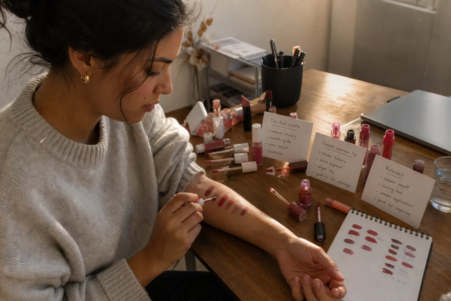 Filled lip packaging samples reviewed against an approved reference