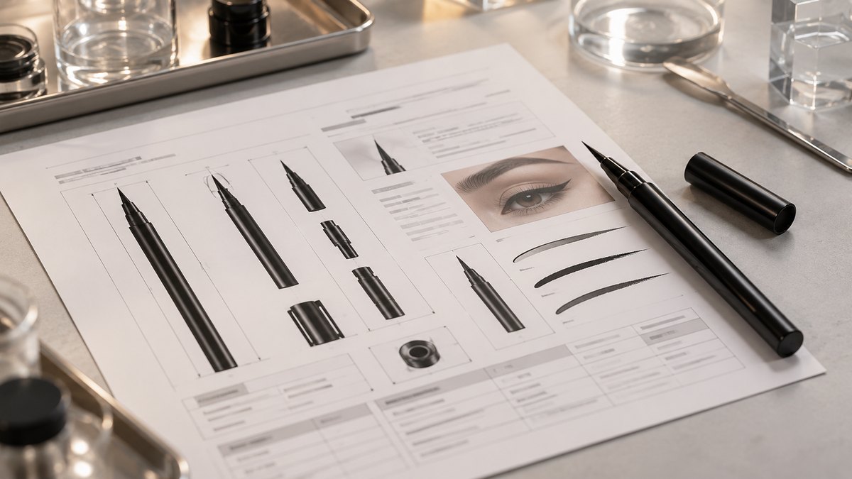 An eyeliner specification sheet with tip code and base batch number beside the product