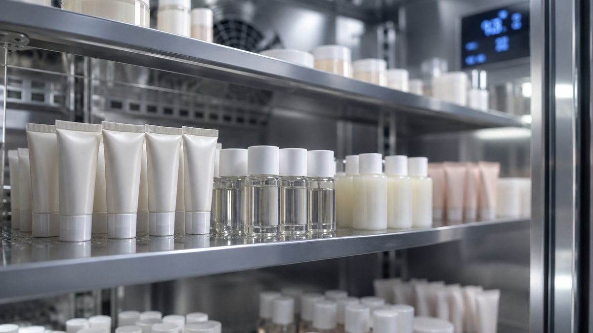 Temperature-controlled stability test chamber holding lip oil samples under accelerated aging