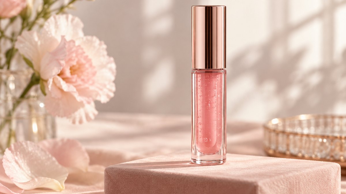 Pink finished lip oil product in its component