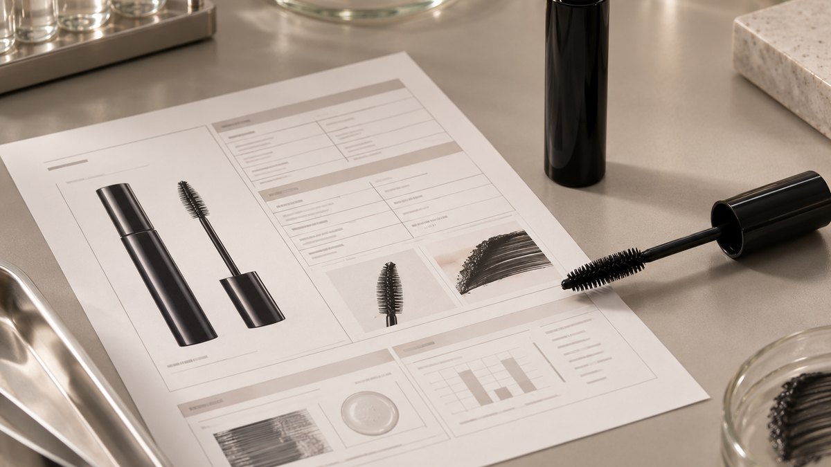 A mascara specification sheet with wand code and formula batch number laid beside the tube