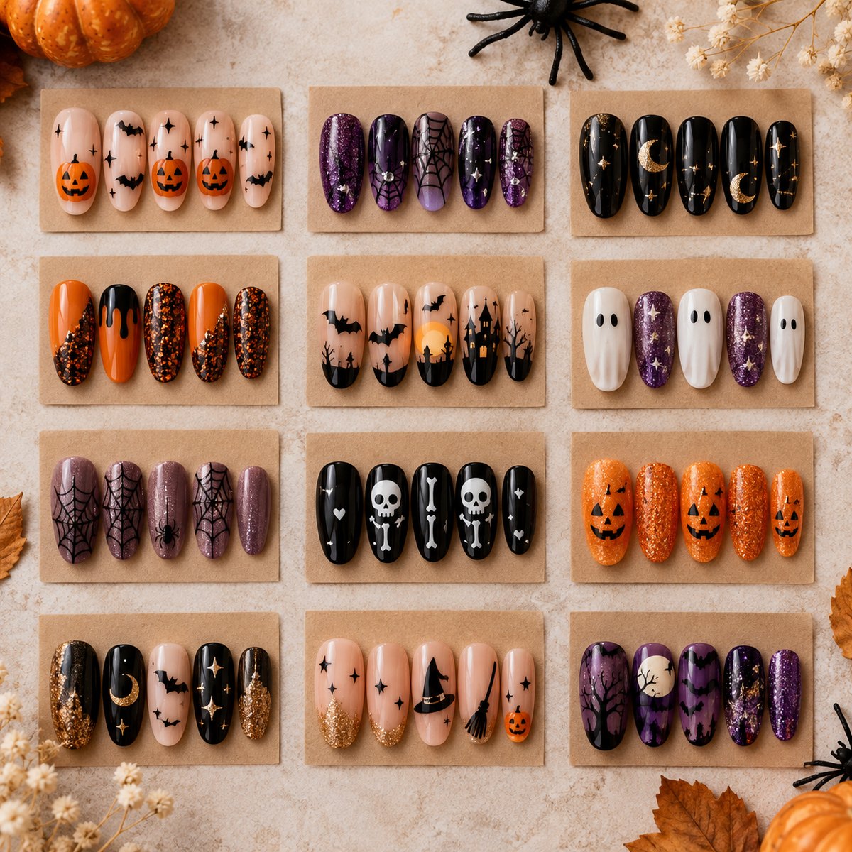 Halloween press-on nail sets on kraft display cards with pumpkin bat and spiderweb designs
