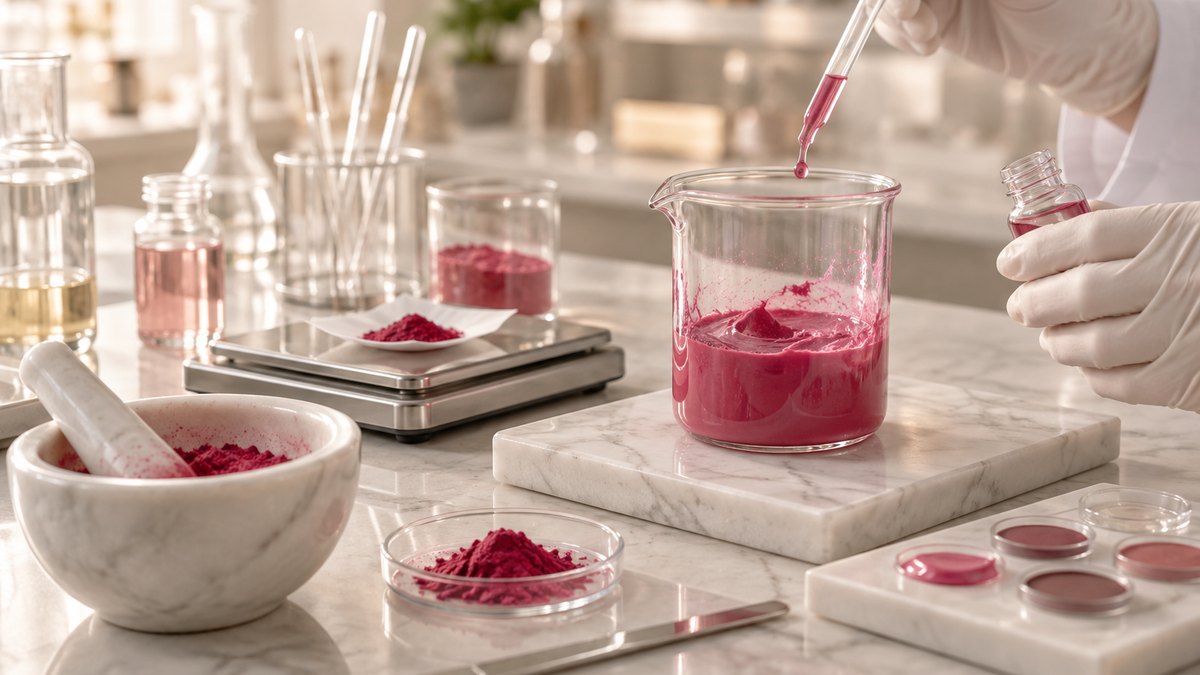 Pink color paste prepared in a cosmetics laboratory