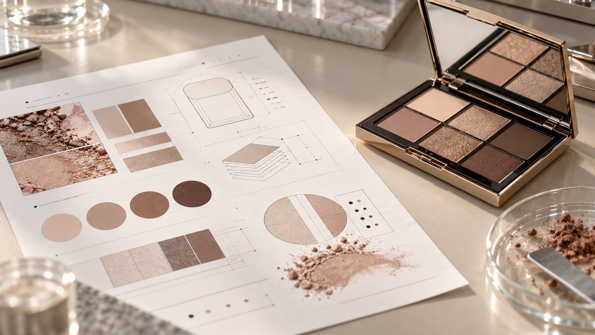 A palette specification sheet with pan sizes and shade codes laid beside the physical compact