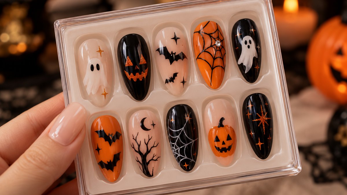 Bold high-contrast Halloween press-on nails on a self-select display card