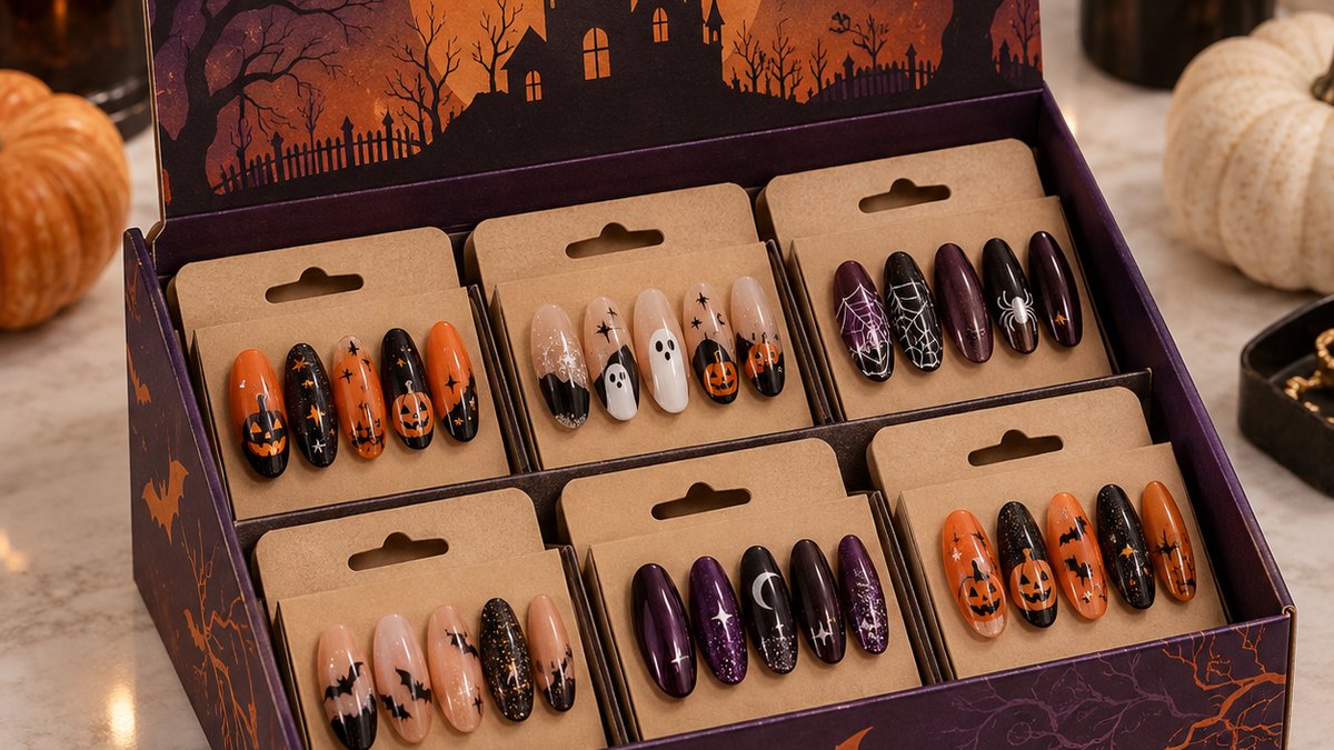 Press-on nail packaging boxes with a removable Halloween themed sleeve over a neutral base box