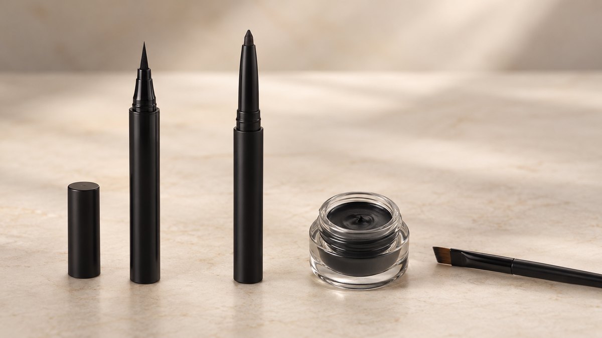 Eyeliner component parts laid out showing tube tip and pencil mechanism differences