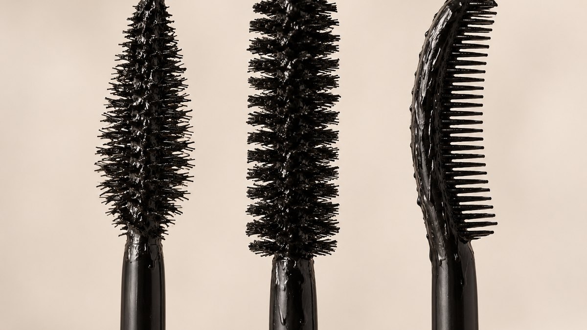 Close view of three mascara wands showing differing bristle geometry