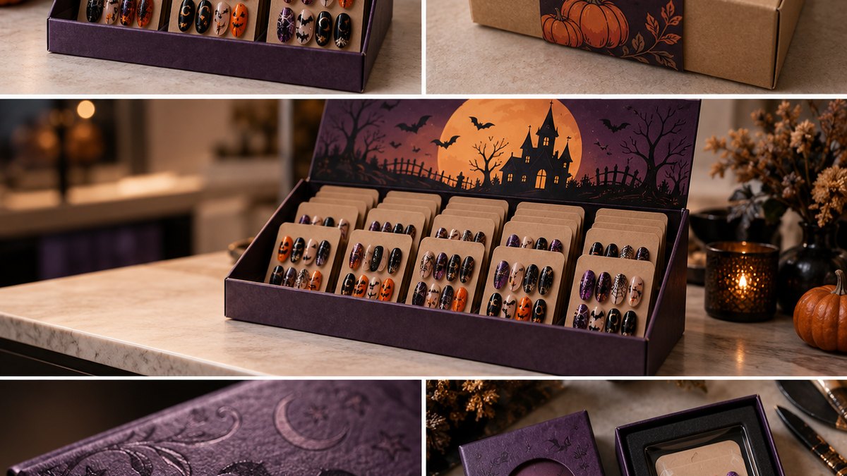 Assembled press-on nail counter display unit fully loaded with Halloween sets