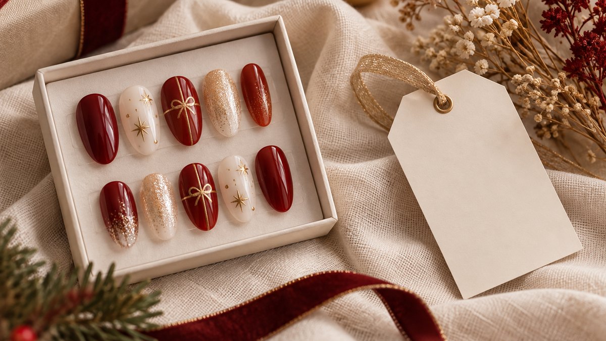 A press-on nail bundle pack showing a glitter red set beside a neutral nude set