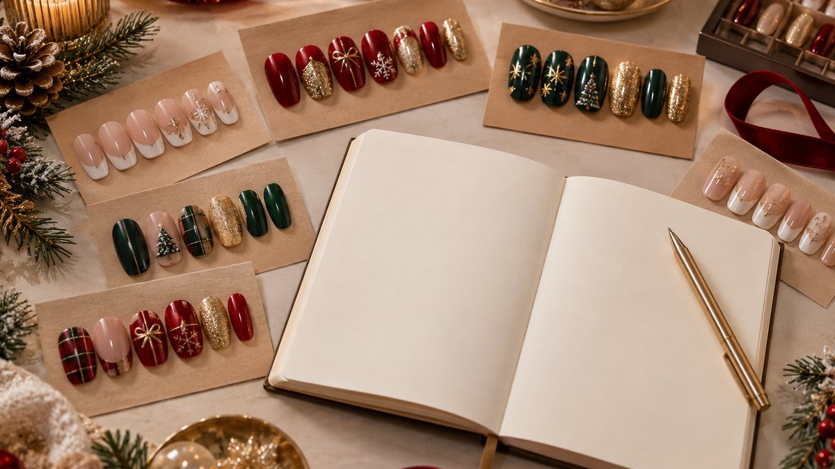 Stacks of a single hero Christmas press-on nail design against a wider spread of different designs