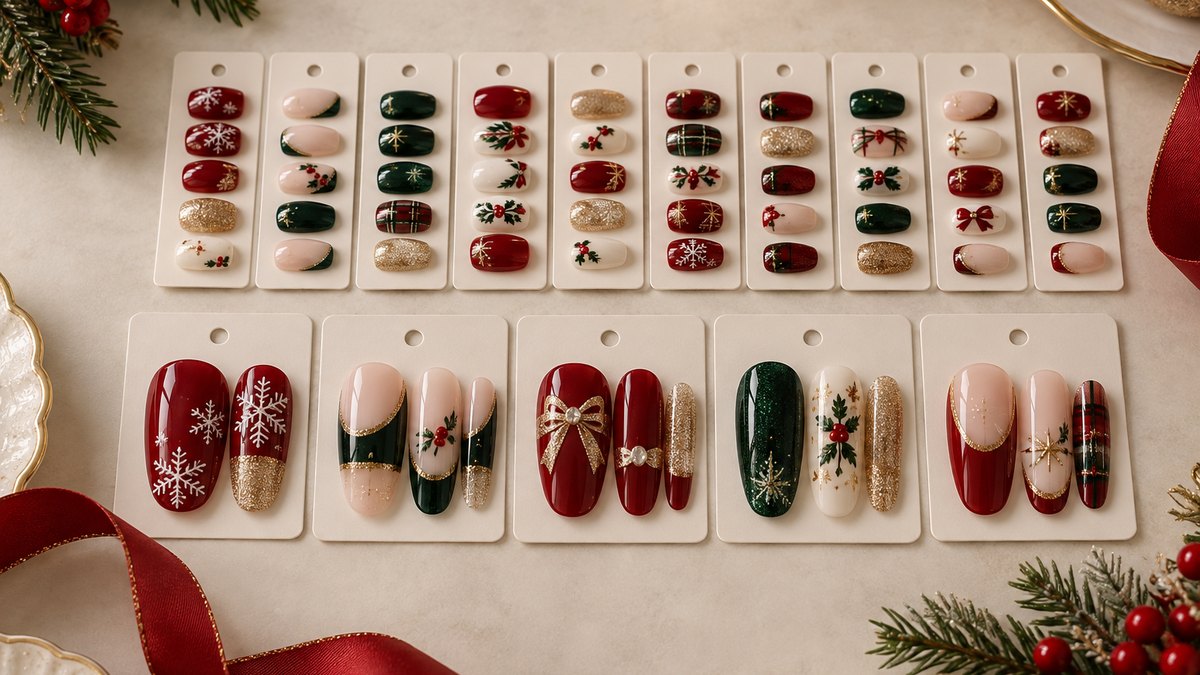 Flat lay of a press-on nail set with its box, ribbon and insert separated on a neutral surface