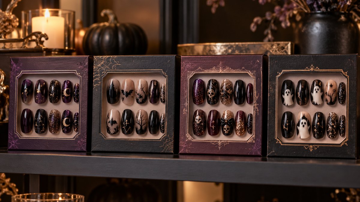 Refined press-on nail set in design-led beauty packaging on a boutique shelf