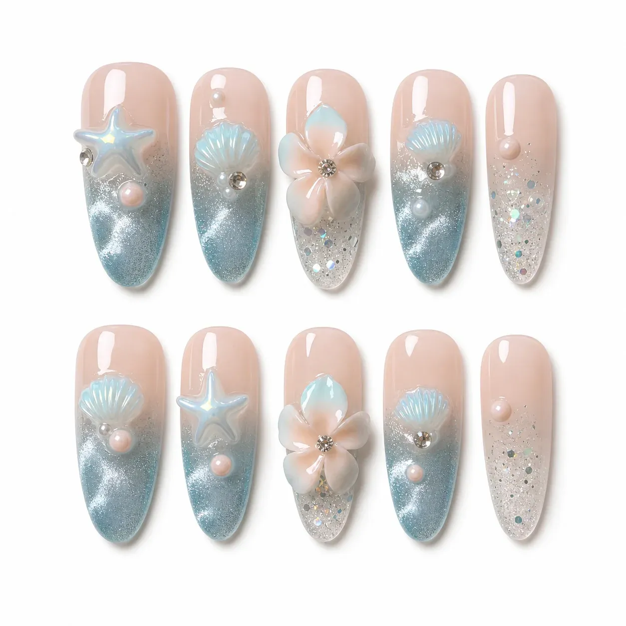 Aqua blue seashell floral pearl press-on nail set from a wholesale stock range