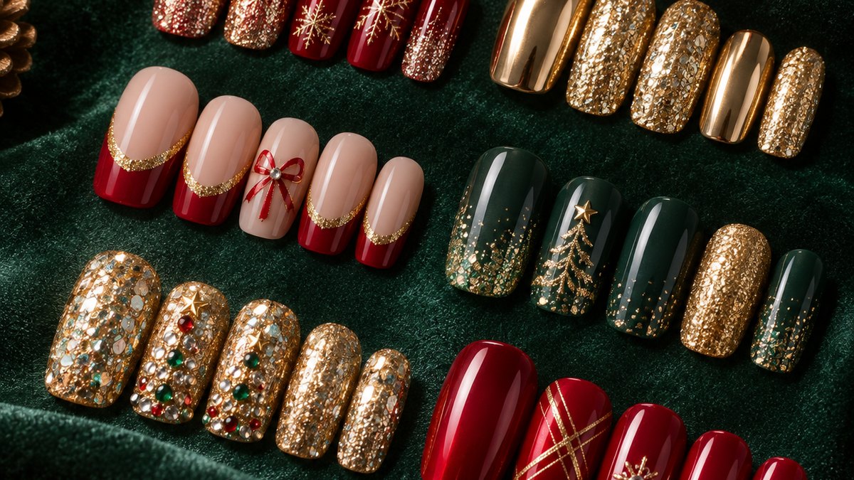 Neutral-safe nude press-on nails alongside a statement glitter and chrome Christmas design