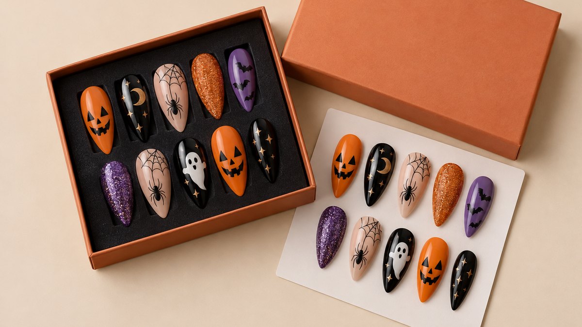 Overhead flat-lay photograph of Halloween press-on nails with a coin for scale