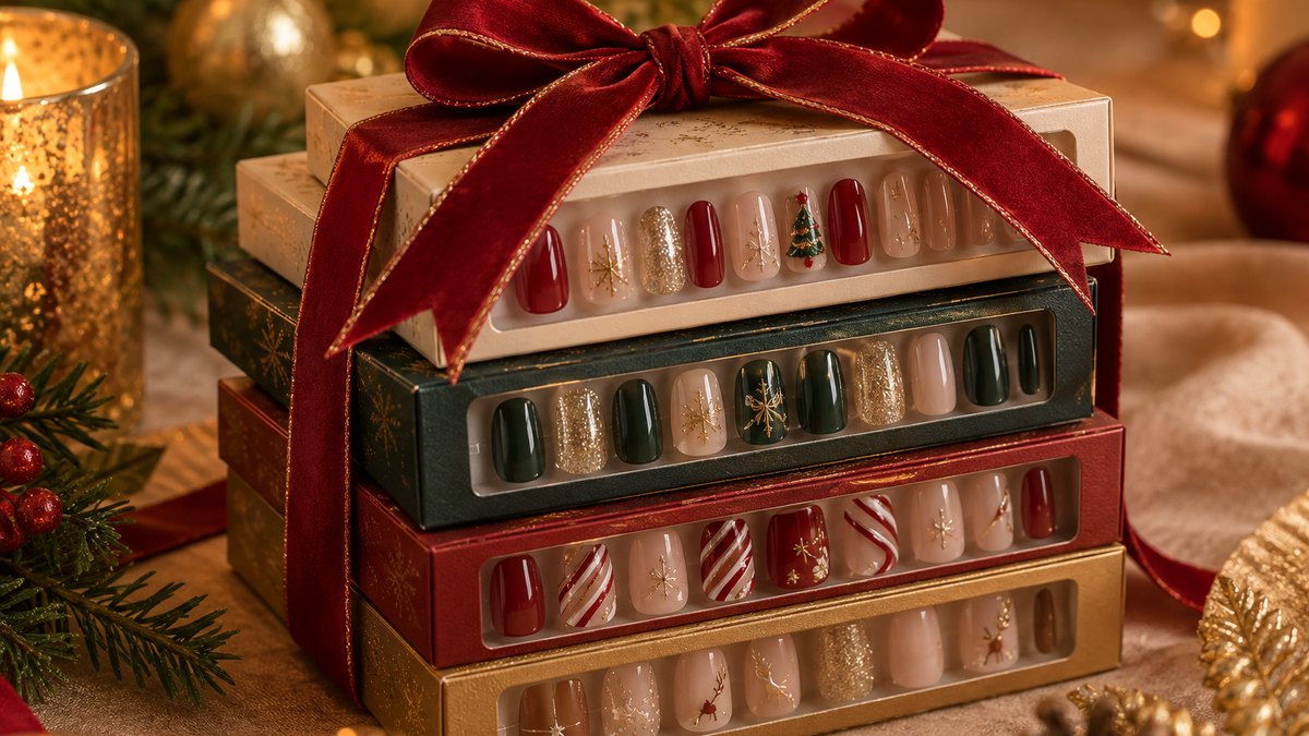Close-up of dense glitter and chrome press-on nail tips in red, green and gold on a neutral surface