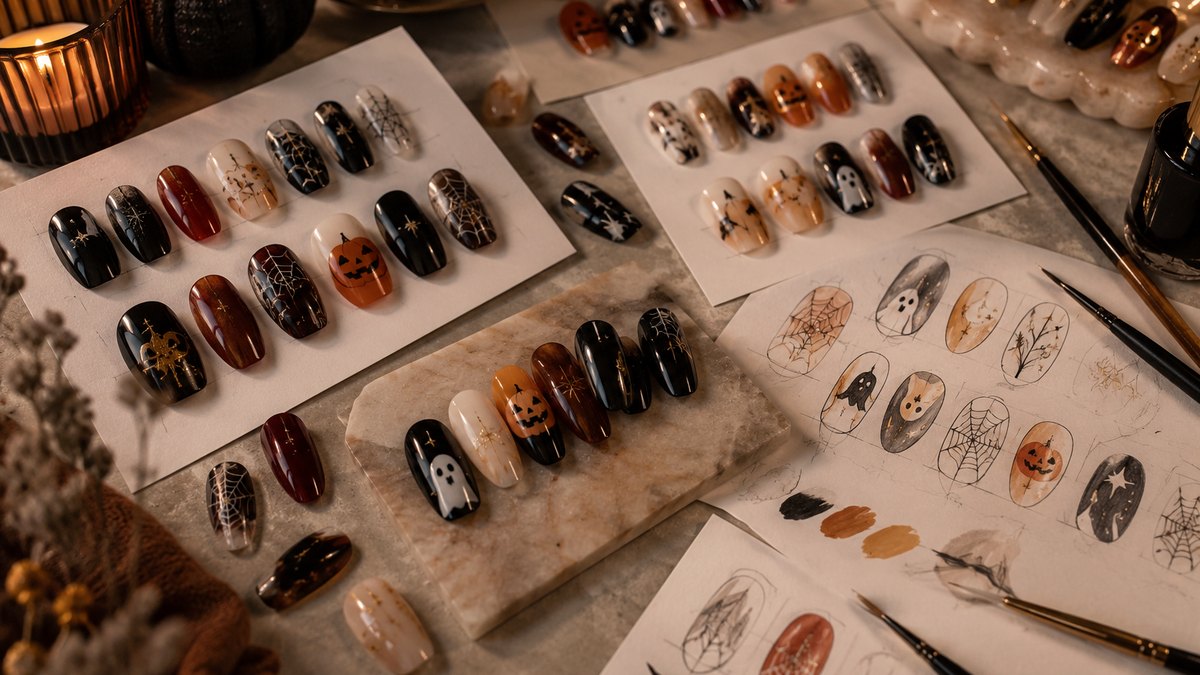 A design reference board with printed nail art images, finish swatches and shape notes laid out on a desk