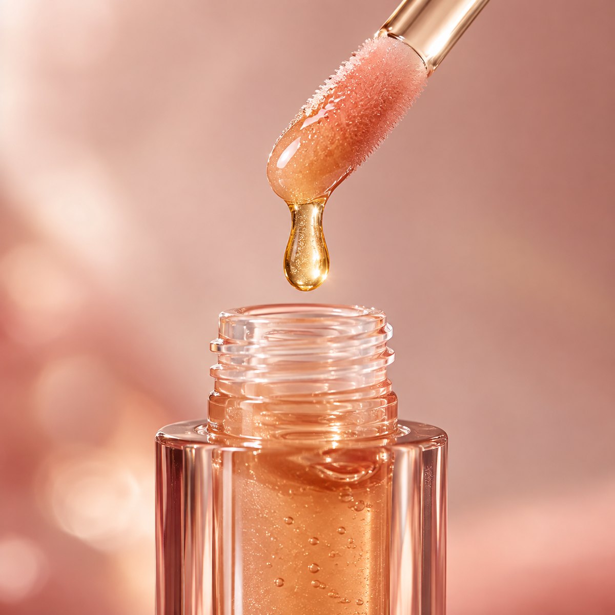 Clear lip oil doe-foot applicator with golden oil droplet macro shot