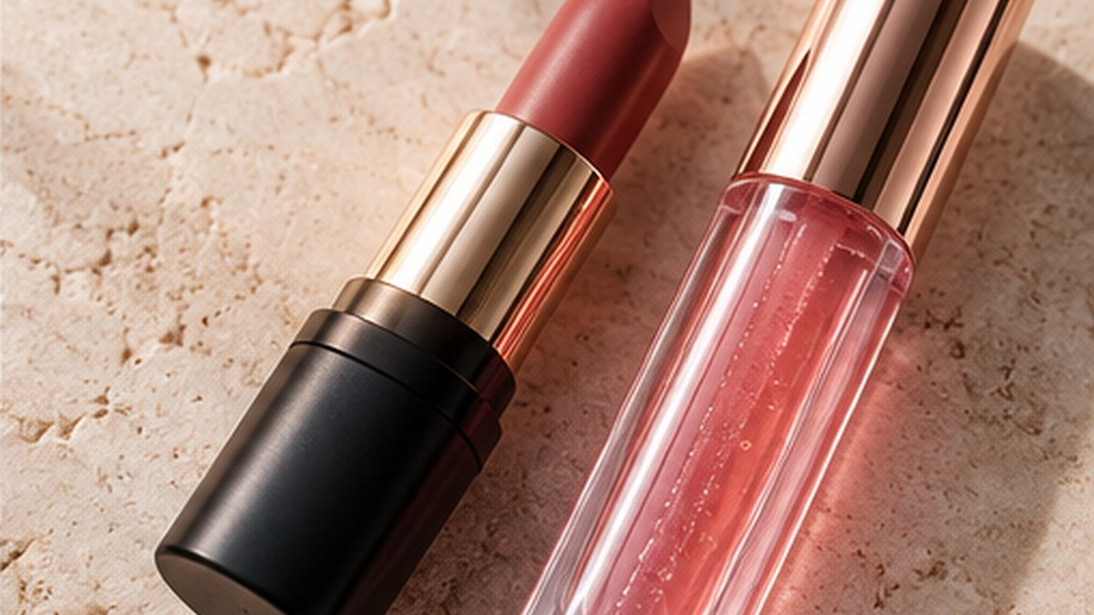 Side-by-side comparison of a matte lipstick finish and a lip oil finish