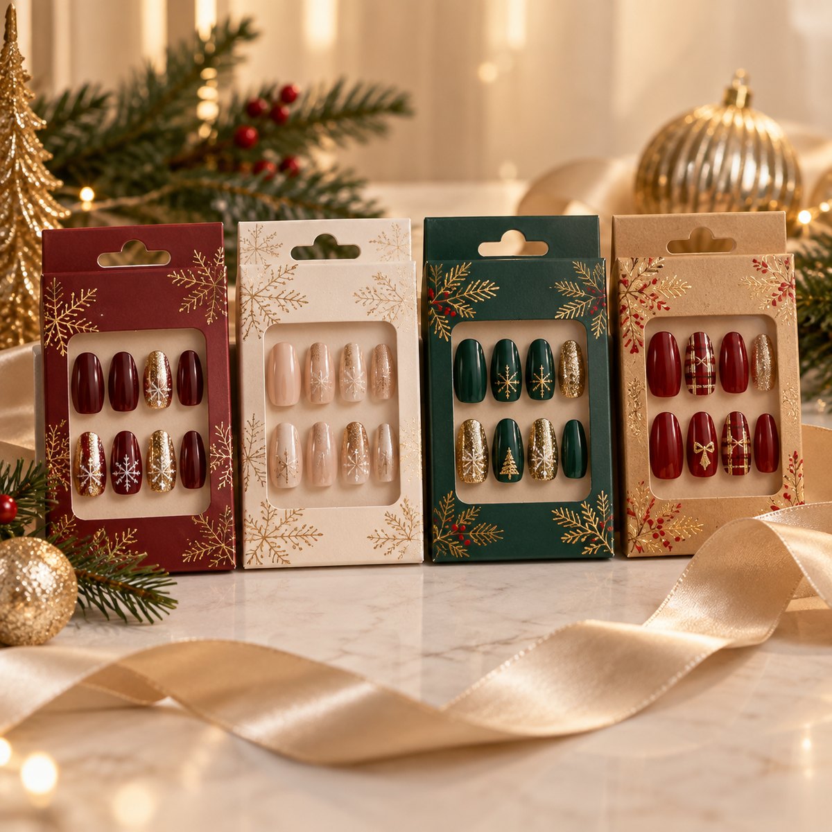 Christmas press-on nail gift box with cards and a blank tag