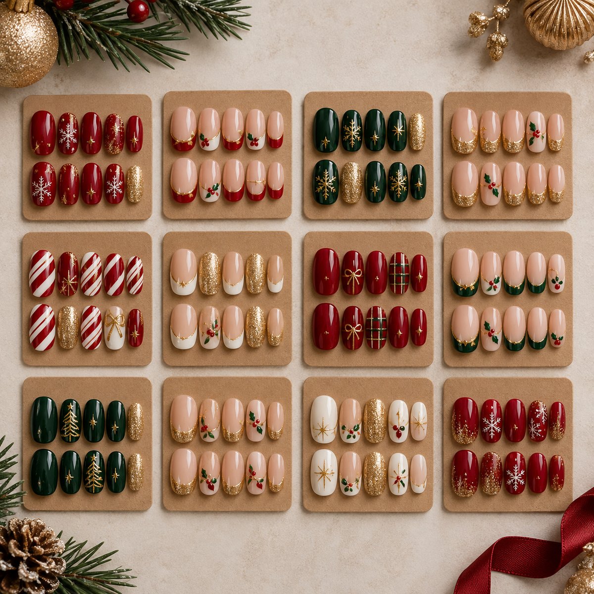 Christmas press-on nail range in a grid of kraft cards with red green and gold designs