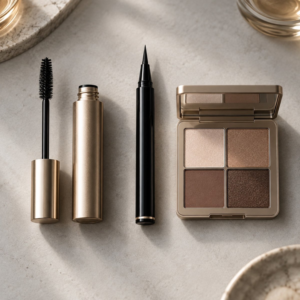 Eye makeup product flat lay with mascara eyeliner and eyeshadow palette