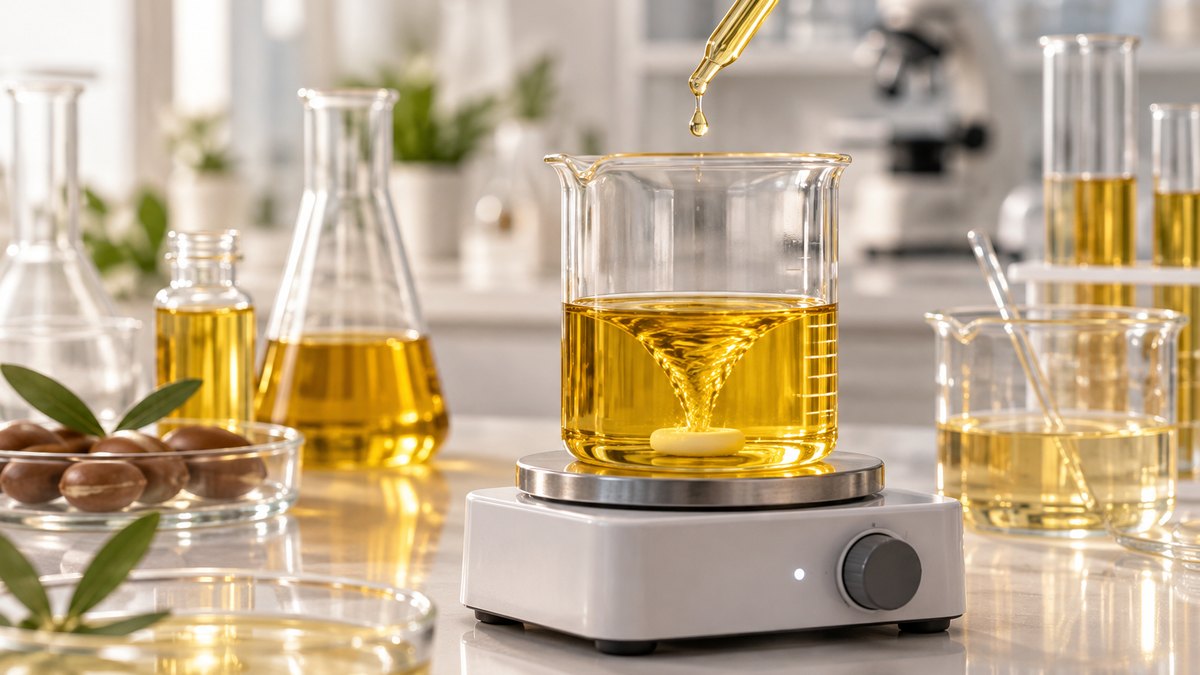 Glass beaker of the oil phase during lip oil formula development