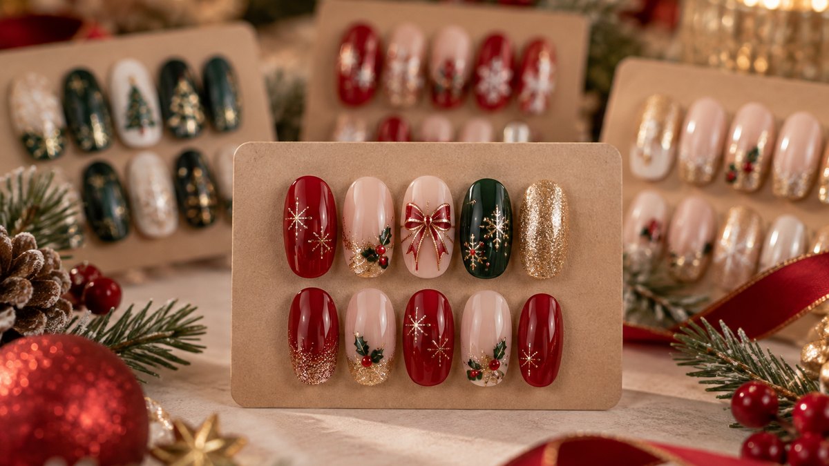 A hero Christmas press-on nail design separated from a group of supporting designs on a styled surface