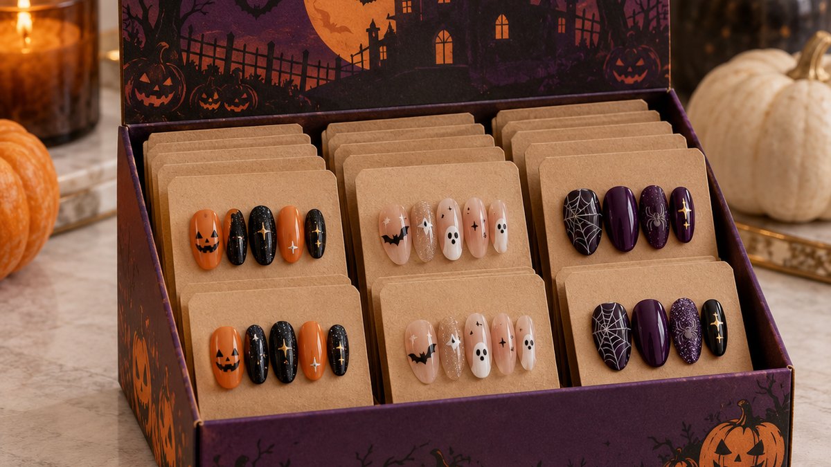 Open press-on nail packaging box showing a window card, backing card and seal