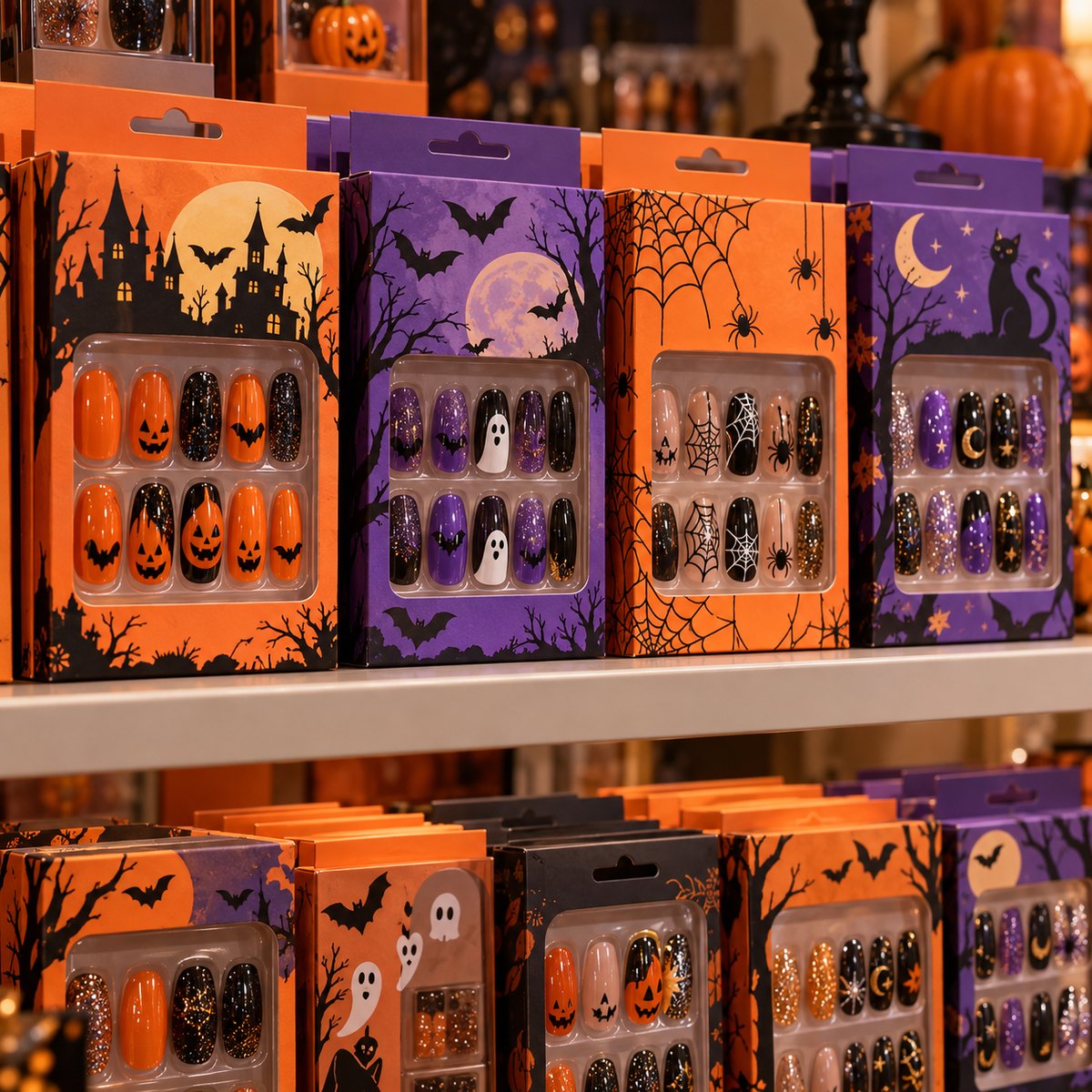Halloween press-on nail packs arranged on a party retail shelf display