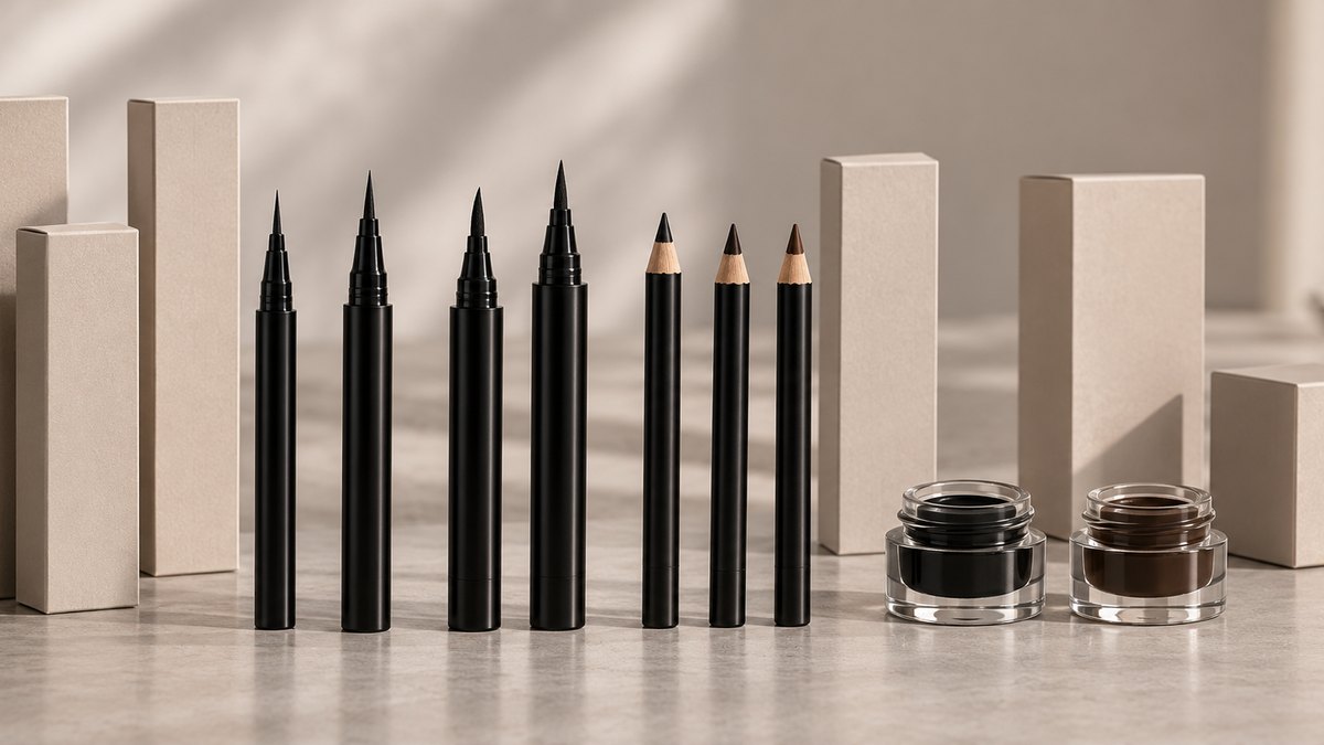 A first-run eyeliner range with neutral outer cartons prepared for wholesale review