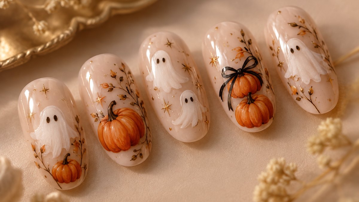 Halloween press-on nail designs grouped into classic, cute-spooky, gore-glam and black-adjacent themes