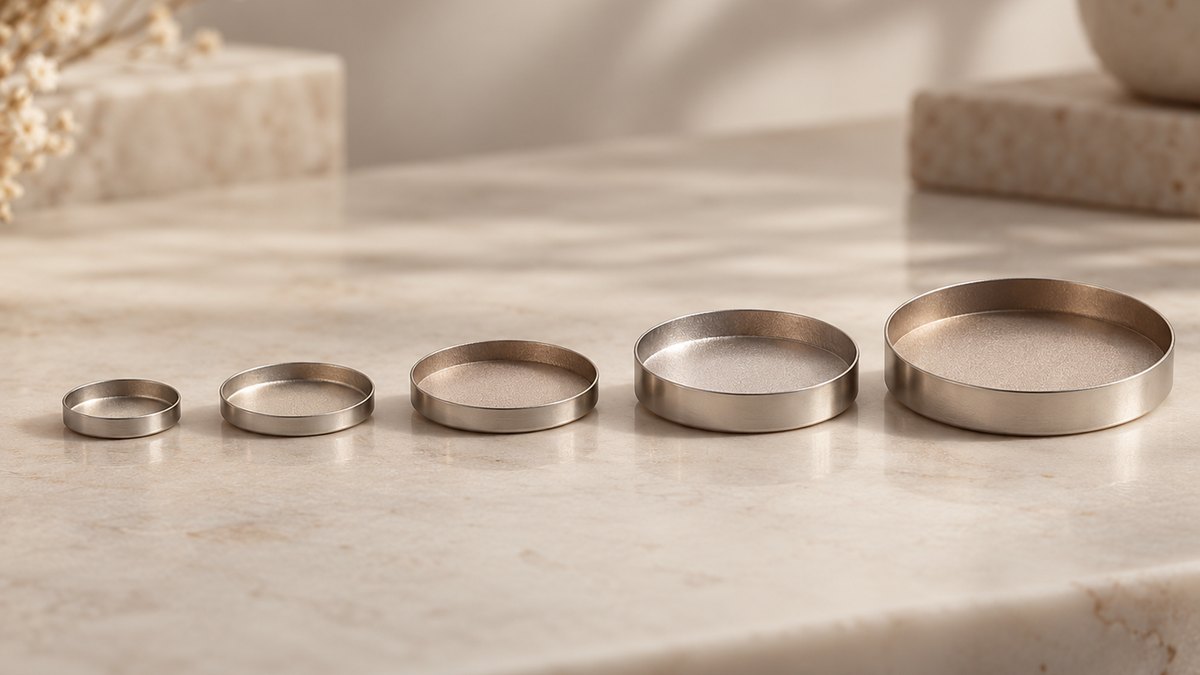 Eyeshadow pans of varying diameters lined up to show how size changes fill weight