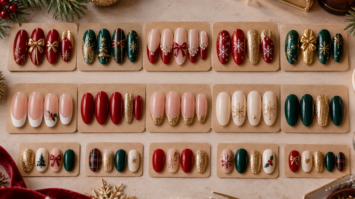 A boutique counter display of Christmas press-on nails next to a screen showing an online catalog grid