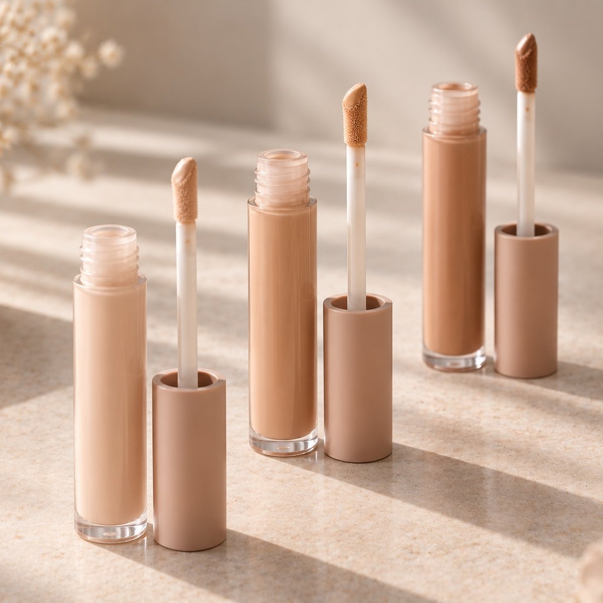 Row of unbranded slim liquid concealer tubes with doe-foot applicators