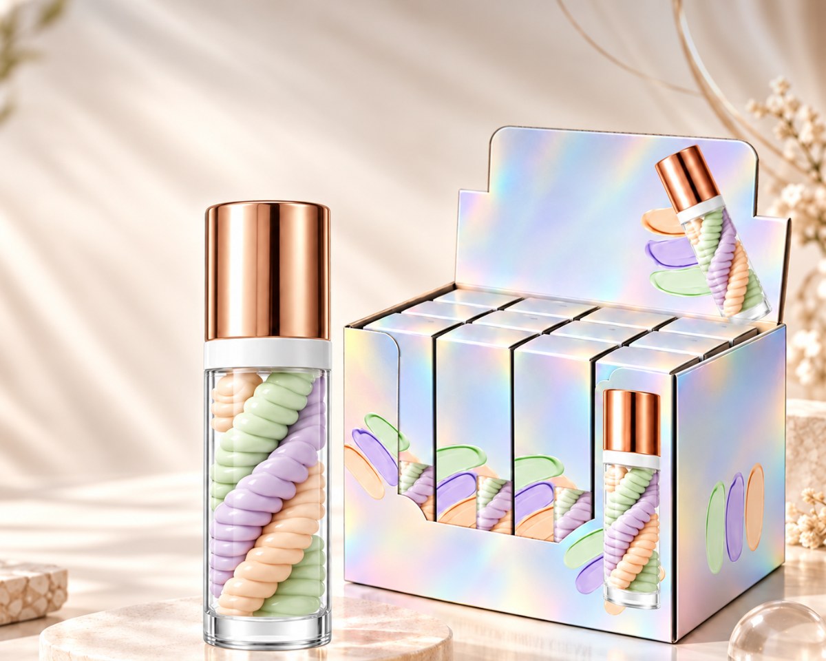 Triple-color spiral sunscreen cream SPF 60 with rose-gold cap and retail display box