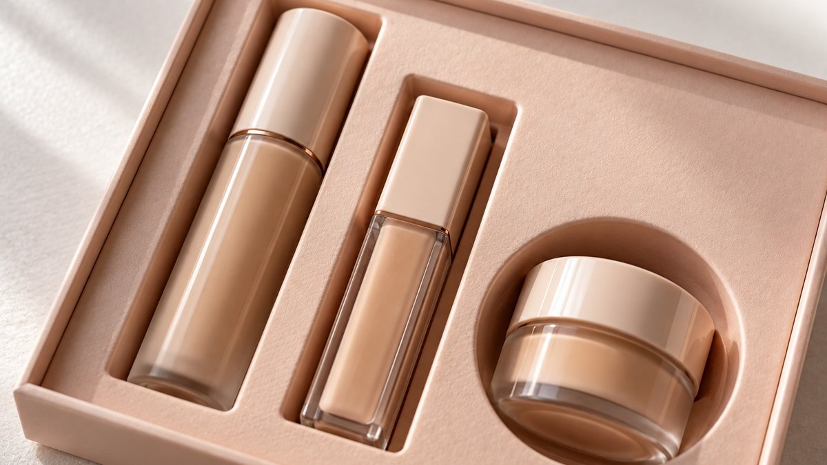 A sealed makeup gift set carton beside an open one showing an item shifted out of its tray cavity