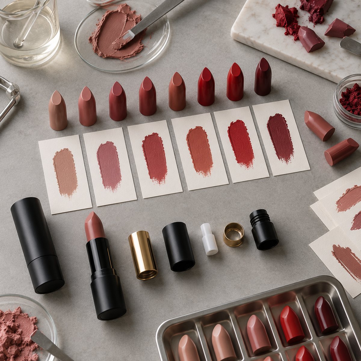 Lipstick development workspace flat lay with shade swatches and component samples