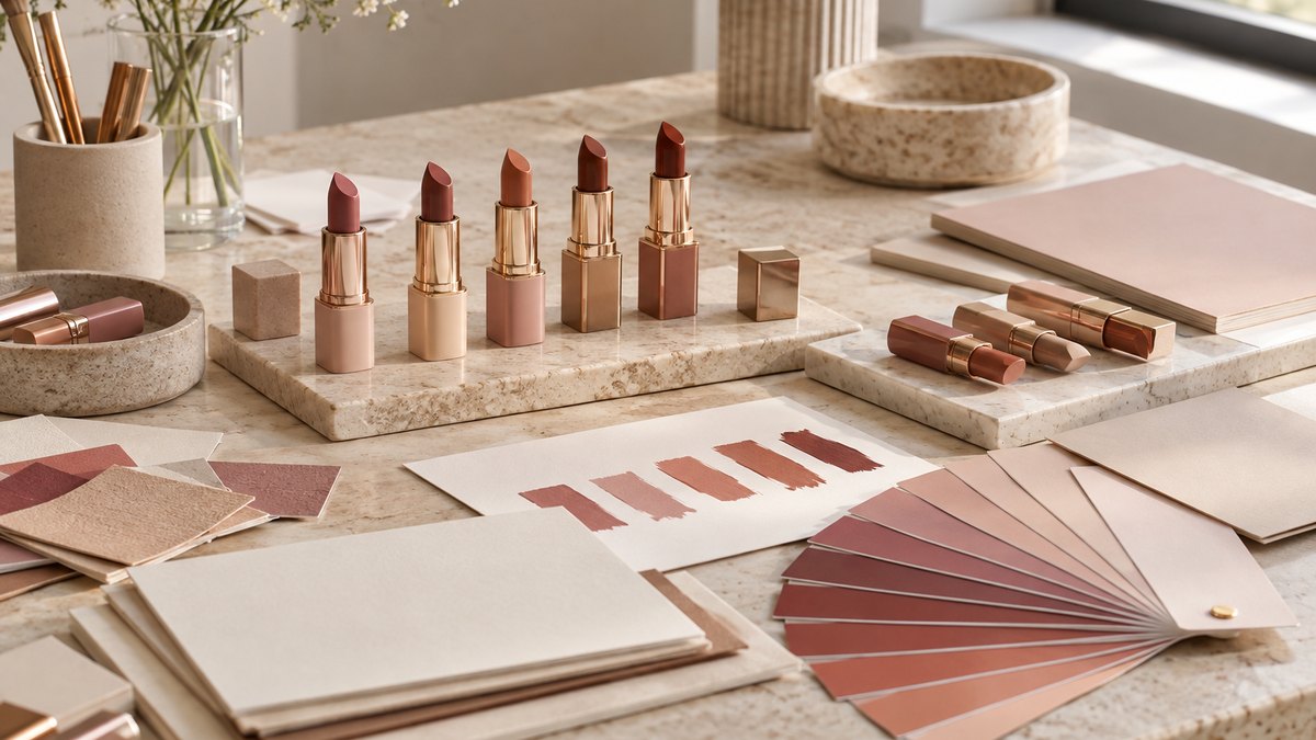 Development desk with a mood board for a cosmetic product direction