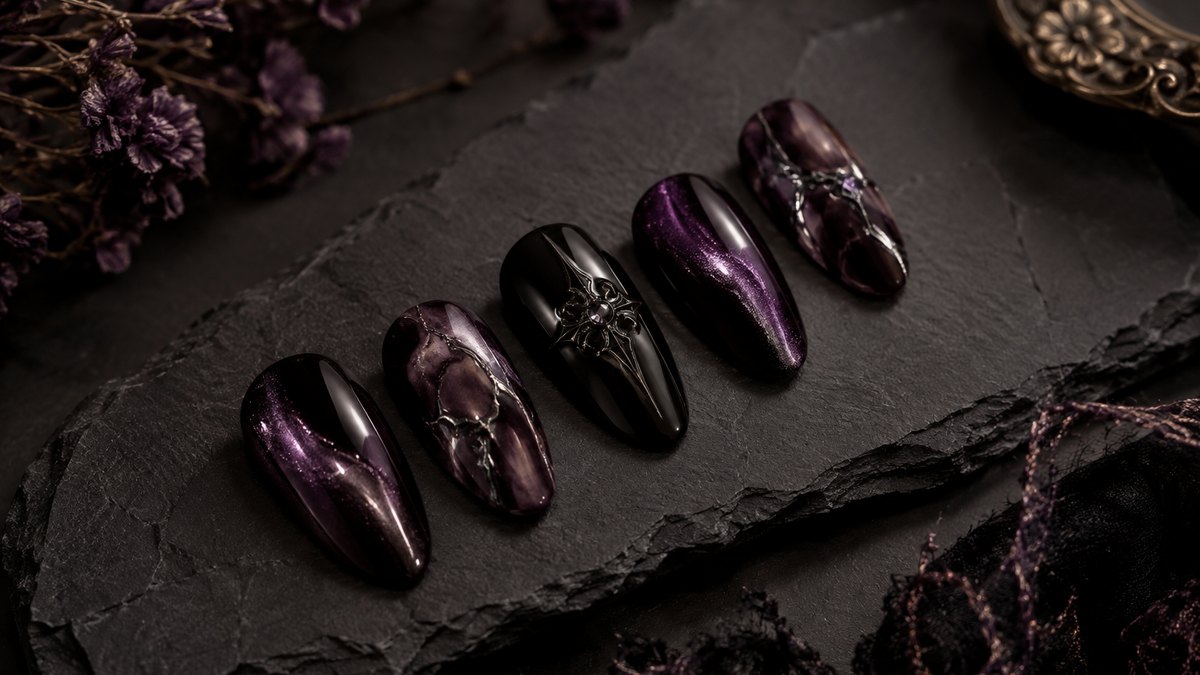 Press-on nails in short square, medium coffin, long almond and long stiletto shapes lined up for comparison