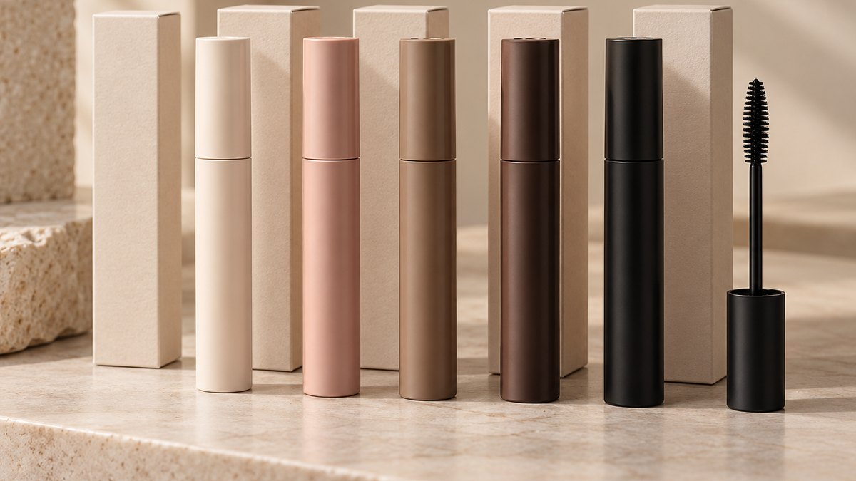 A first-run mascara range with neutral outer cartons prepared for wholesale review