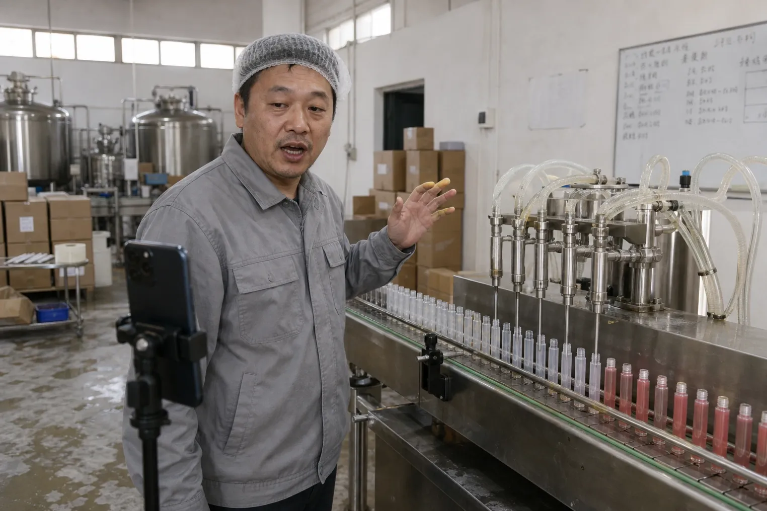 Buyer and supplier reviewing a cosmetics production-process breakdown