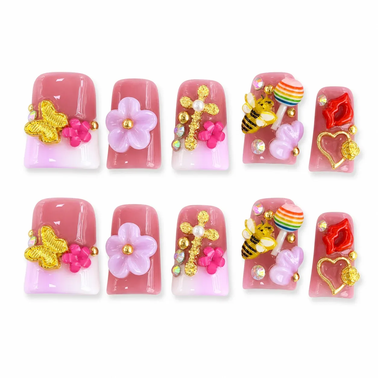 Pink rainbow flower gem press-on nail set from a wholesale ready-stock range