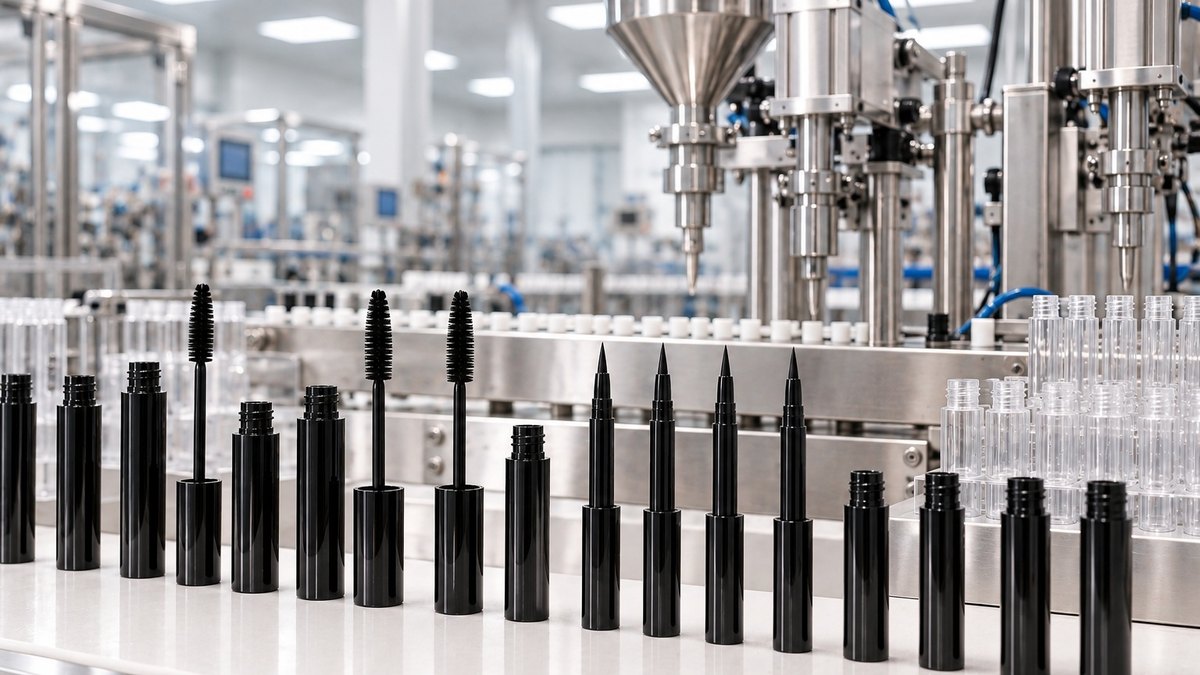Eye makeup production line with sealed tubes and compacts moving through inspection