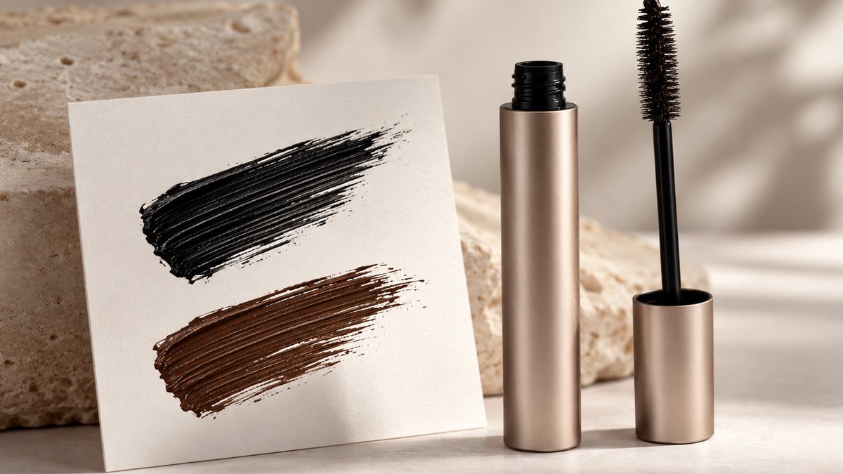 A mascara shade swatch strip showing black and brown tones with ingredient reference codes