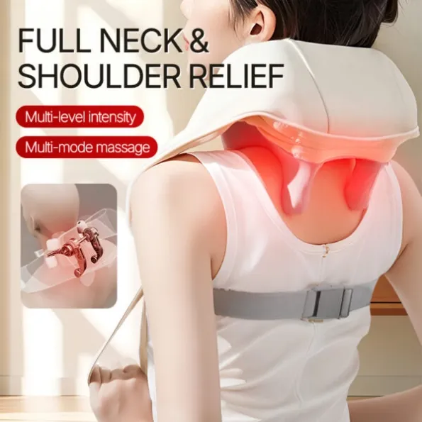 Wearable 6-node massage shawl for neck shoulder and trapezius, dual pull straps plus buckle back closure, 1800mAh Type-C rechargeable