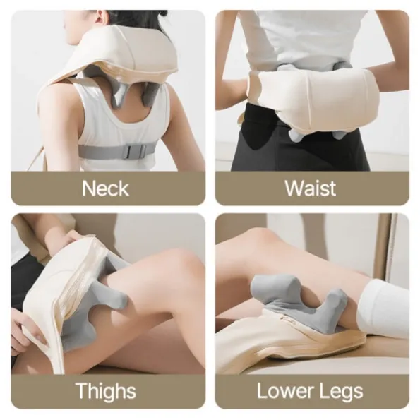 Close-up of 6 shiatsu massage heads in 8-shape layout, upper 4 nodes knead neck lower 2 push trapezius on massage shawl